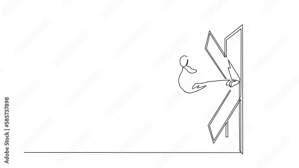 Animated self drawing of continuous line draw Arab kicks door with flying kick until door shattered. Woman kicking locked door. Business concept of overcoming obstacles. Full length one line animation Animated self drawing of continuous line draw Arab kicks door with flying kick until door shattered. Woman kicking locked door. Business concept of overcoming obstacles. Full length one line animation
