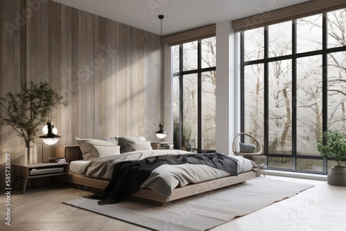 modern bedroom with big french windows, feng shui, 3d rendering photo