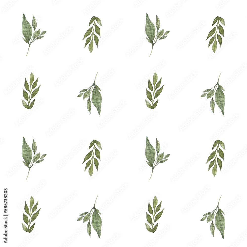 Simple watercolor pattern with twigs and leaves. Background with green floral designs. For wrapping paper, textile, wallpapers, postcards, greeting cards, wedding invitations, romantic events