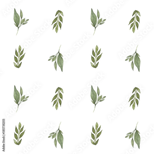 Simple watercolor pattern with twigs and leaves. Background with green floral designs. For wrapping paper  textile  wallpapers  postcards  greeting cards  wedding invitations  romantic events