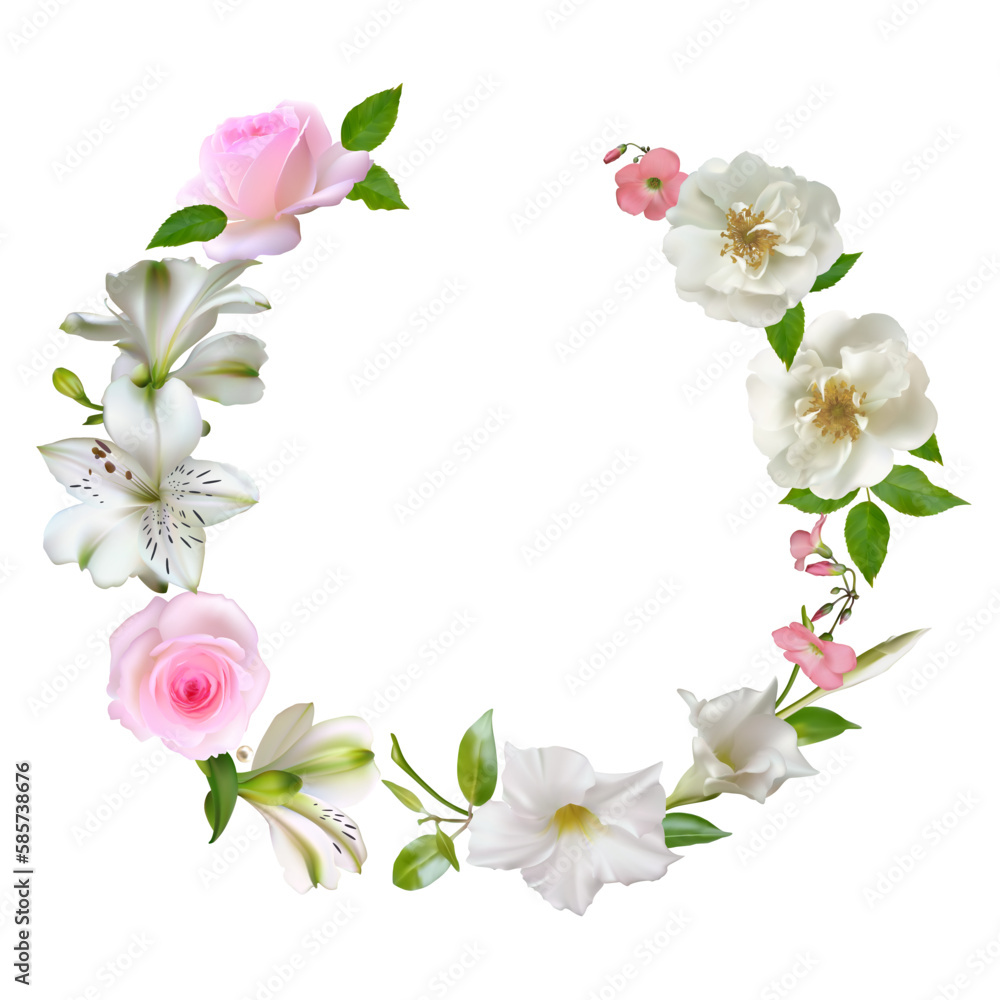White flowers. Floral background. Lilies. Green leaves. Pink roses.