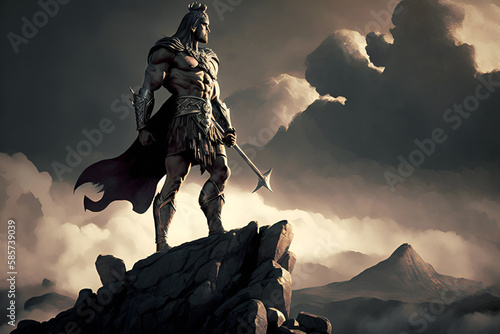 Fantasy concept art, fierce warrior standing atop a mountain peak, overlooking a vast, sprawling battlefield. epic mood with deep shadows and bold highlights. Ai