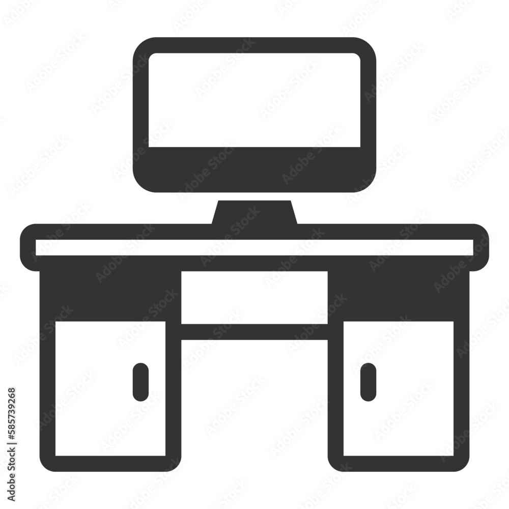 Computer desk and monitor - icon, illustration on white background, glyph style Computer desk and monitor - icon, illustration on white background, glyph style