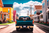 Back view of new model pickup truck driving through town. Generative AI