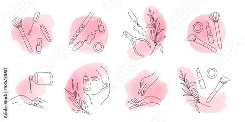 Beauty salon logo. Nail, makeup or hairdressing studio, eyelash extension logotype. Different equipment, line hand and woman face, watercolor drops. Various cosmetics. Vector isolated emblem set photo