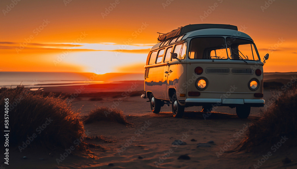 Camper van at sunset on beach. Generative AI
