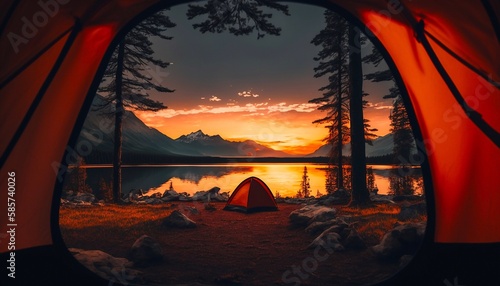 View from the tent at sunset. Generative AI