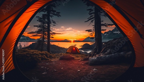 View from inside of tent with relaxing. Generative AI