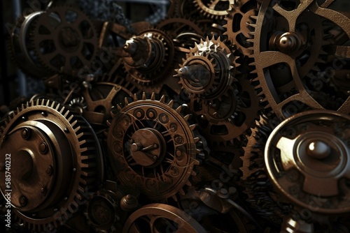 a network of interlocking gears and machinery, with a mechanical and industrial feel, dark and gritty, metallic textures, with a steampunk or cyberpunk vibe, gears and cogs turning Generative AI