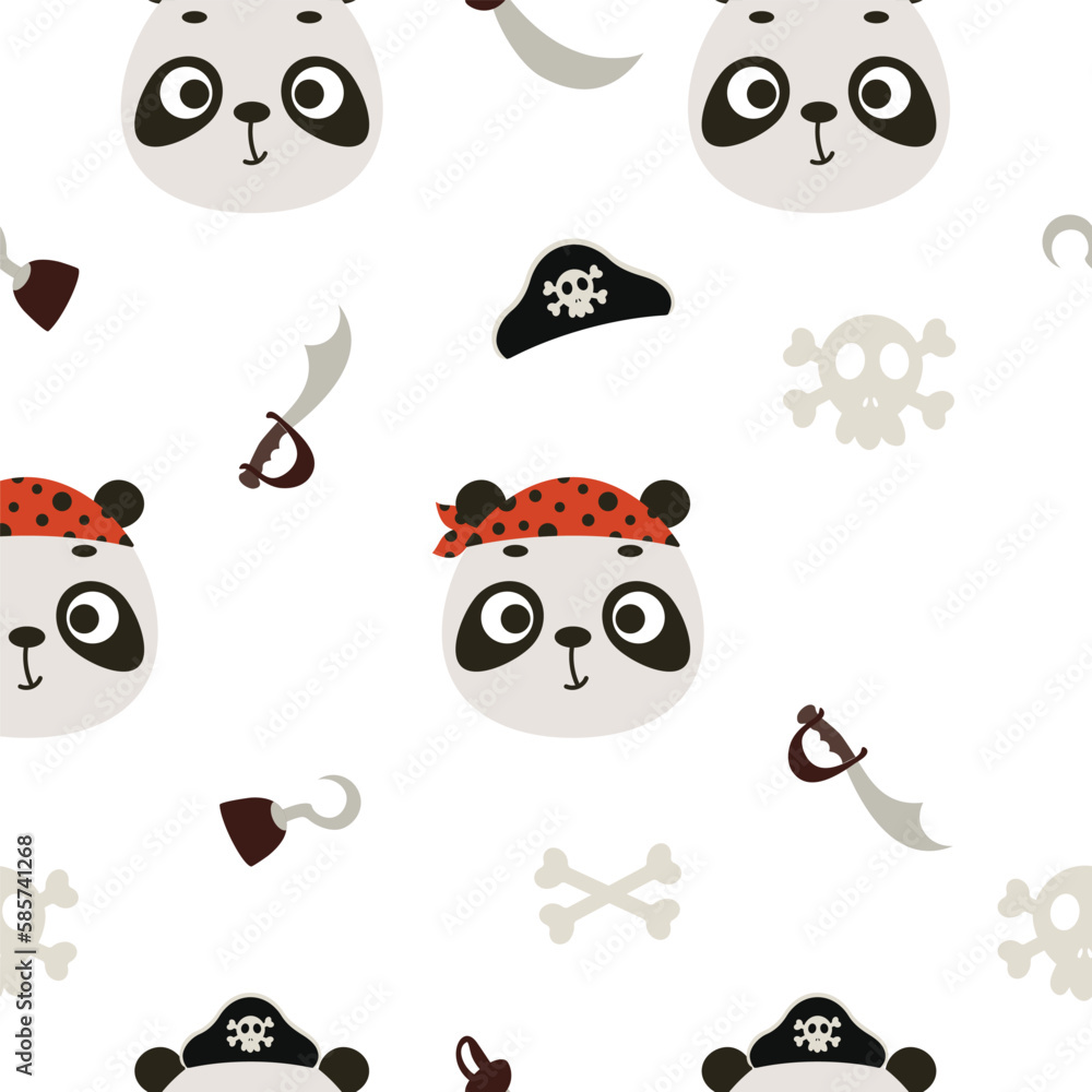 Cute little pirate panda head seamless childish pattern. Funny cartoon animal character for fabric, wrapping, textile, wallpaper, apparel. Vector illustration Cute little pirate panda head seamless childish pattern. Funny cartoon animal character for fabric, wrapping, textile, wallpaper, apparel. Vector illustration