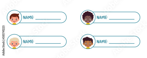 Cute kid boy name tags for school. Sticky labels set for children name. Cute cartoon kids shaped notepads, memo pad, flag markers for office school, scrapbooking, print. Vector stock illustration