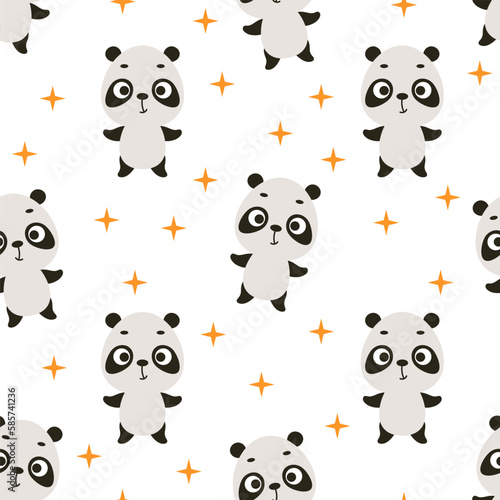 Cute little panda seamless childish pattern. Funny cartoon animal character for fabric, wrapping, textile, wallpaper, apparel. Vector illustration