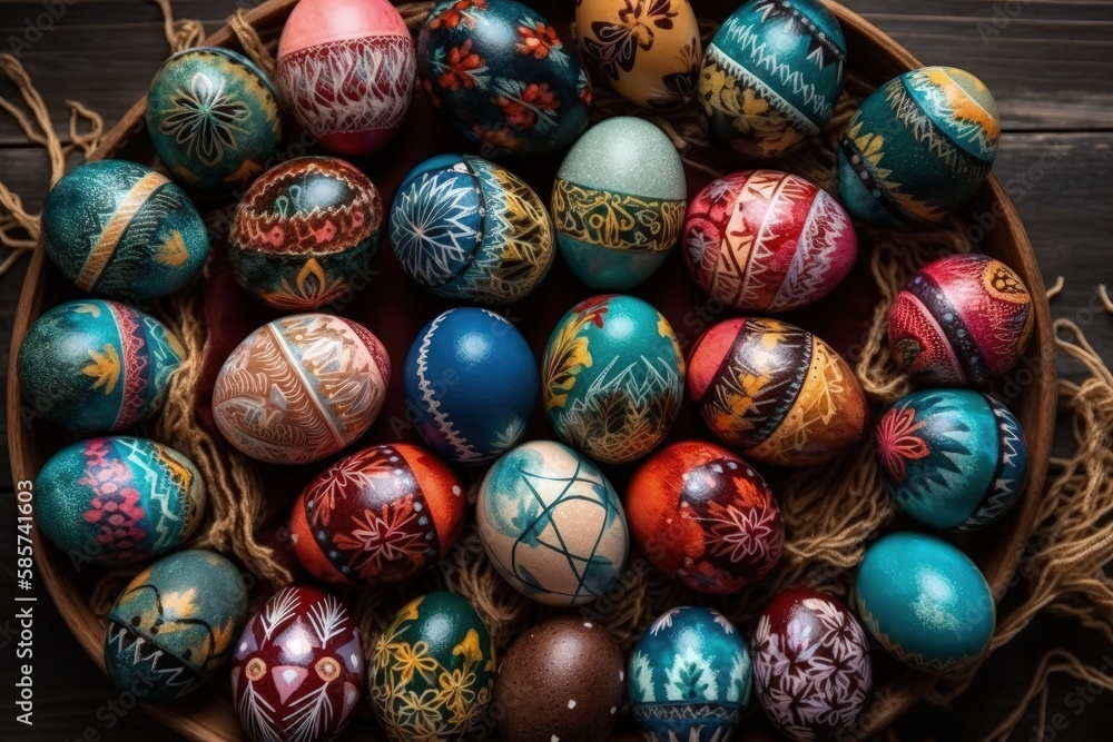 basket overflowing with vibrant, hand-painted Easter eggs. Generative AI basket overflowing with vibrant, hand-painted Easter eggs. Generative AI