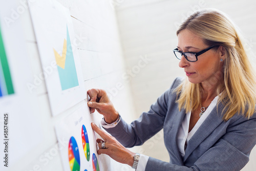 Woman putting companies sales statistics on wall photo