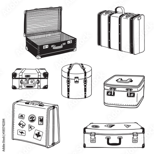 Set of retro suitcases. Vector graphics. Freehand drawing.