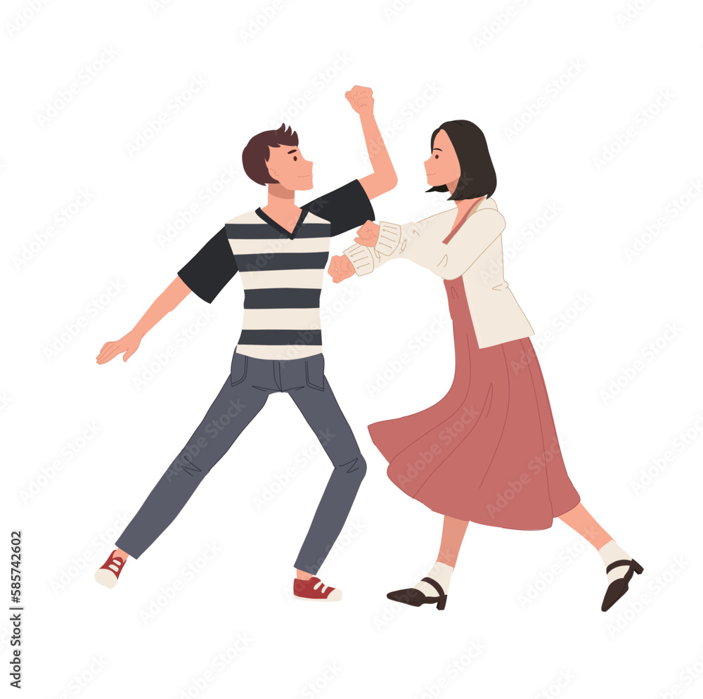 Obraz premium happy dancing people , male and female dancing together. man and woman enjoying dance party. Flat vector cartoon illustration