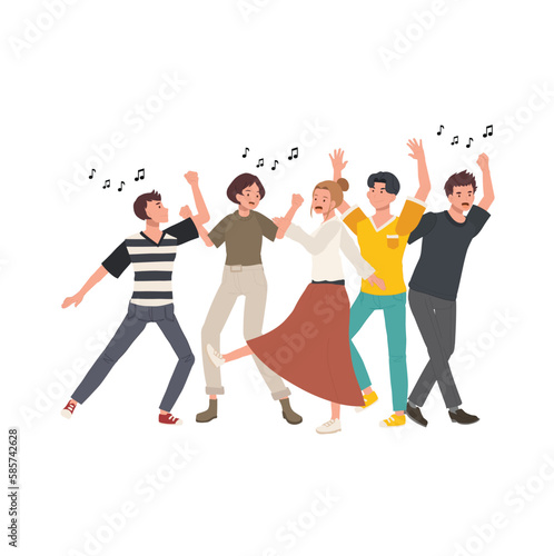 people dancing  having fun together. Young men and women characters group  celebrating event with joy. Flat vector cartoon illustration