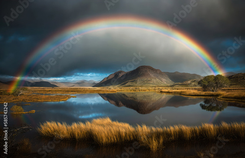 lake, mountain and rainbow, Generative AI