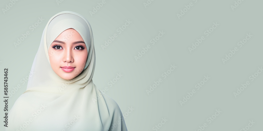 Banner of a Hijab Woman with Copy Space on a Gray Background with Generative AI Banner of a Hijab Woman with Copy Space on a Gray Background with Generative AI
