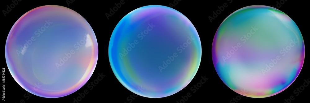 Iridescent soap bubbles set on black background isolated. Abstract graphic.