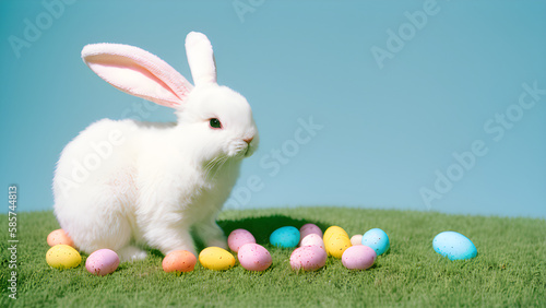 Baby bunny with colorful small Easter eggs Generative AI Art
