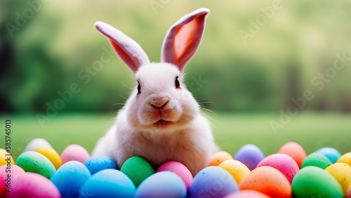 Easter Bunny with many colorful easter eggs Generative AI Art