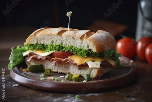 Close up Delicious Sandwich with Cheese and Vegetables on Restaurant Table Background
