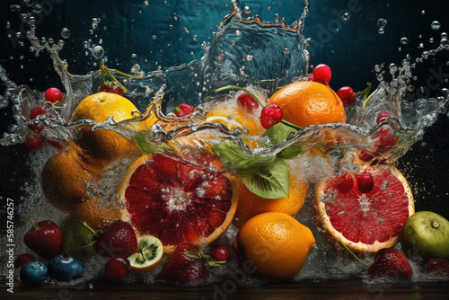 Fresh fruits - oranges, kiwis, apples, and grapes - in a splash of water, creating a refreshing and vibrant image. Ai generated