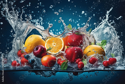 Fresh fruits - oranges, kiwis, apples, and grapes - in a splash of water, creating a refreshing and vibrant image. Ai generated