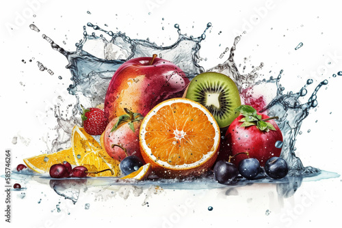 Fresh fruits - oranges  kiwis  apples  and grapes - in a splash of water  creating a refreshing and vibrant image. Ai generated