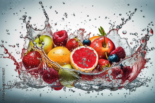 Fresh fruits - oranges  kiwis  apples  and grapes - in a splash of water  creating a refreshing and vibrant image. Ai generated