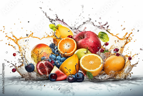 Fresh fruits - oranges  kiwis  apples  and grapes - in a splash of water  creating a refreshing and vibrant image. Ai generated