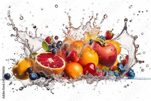 Fresh fruits - oranges  kiwis  apples  and grapes - in a splash of water  creating a refreshing and vibrant image. Ai generated