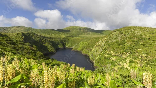 Moving clouds over ginger lilies in flower at Lagoa Comprida lake on Flores, Azores Islands, Portugal, Atlantic photo