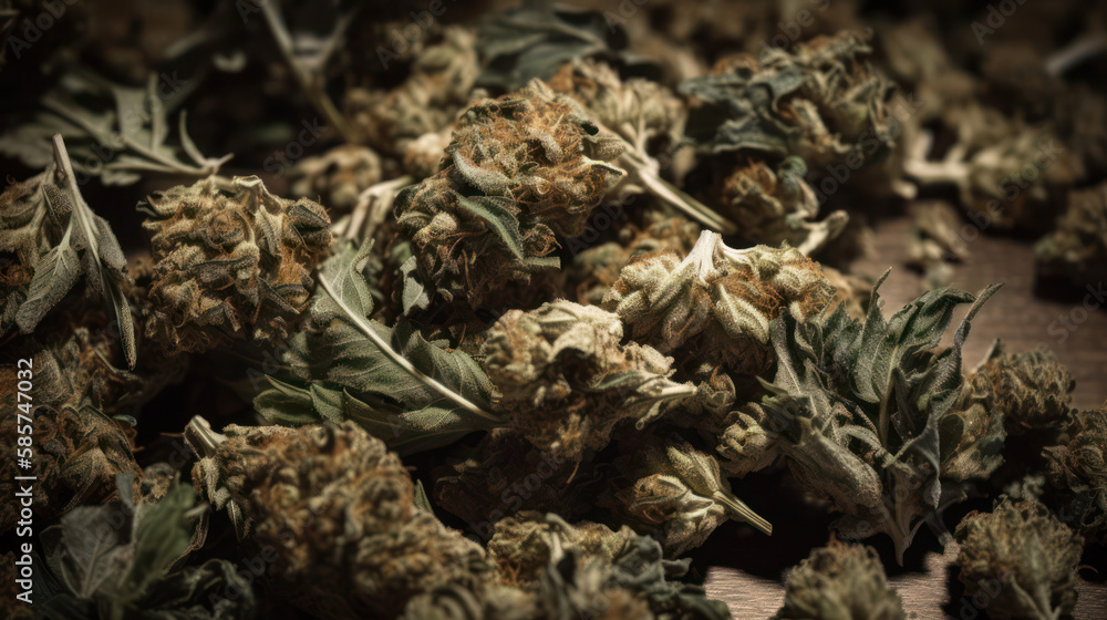 Canabis buds on wooden Desk