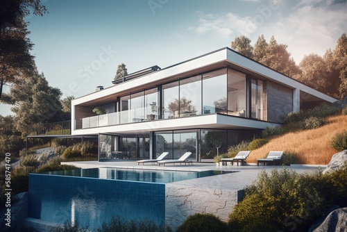 contemporary home with a stunning outdoor pool area. Generative AI © AkuAku