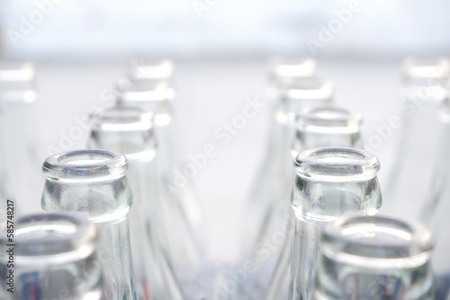 In Selective focus many empty grass bottles in a row with white background 