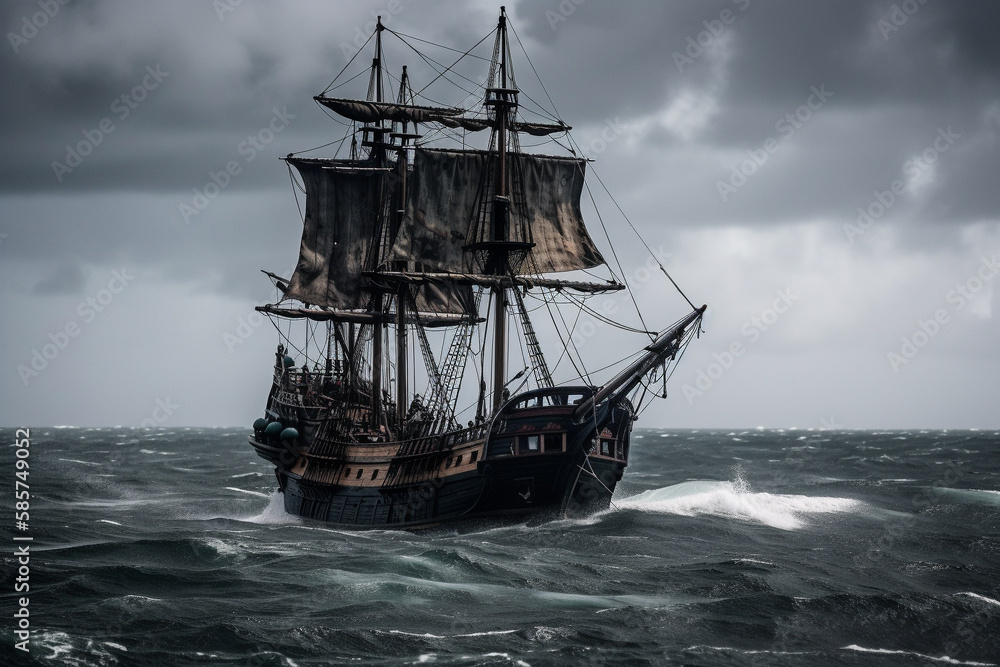The Black Pirate Ship sailing on a stormy sea, representing adventure, danger and excitement on the high seas. Ai generated The Black Pirate Ship sailing on a stormy sea, representing adventure, danger and excitement on the high seas. Ai generated