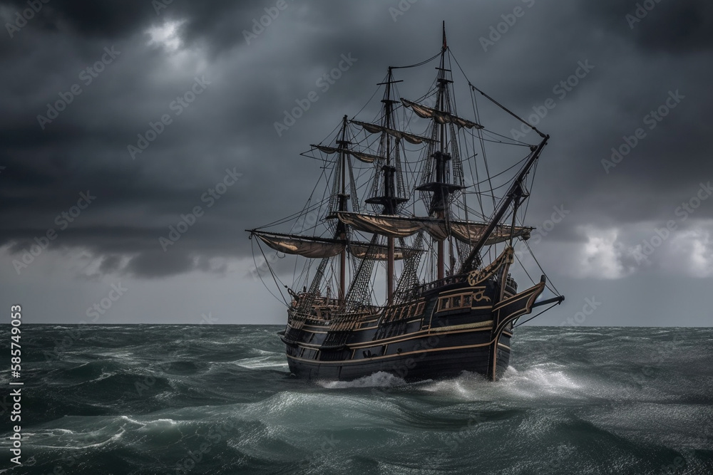 Fototapeta premium The Black Pirate Ship sailing on a stormy sea, representing adventure, danger and excitement on the high seas. Ai generated