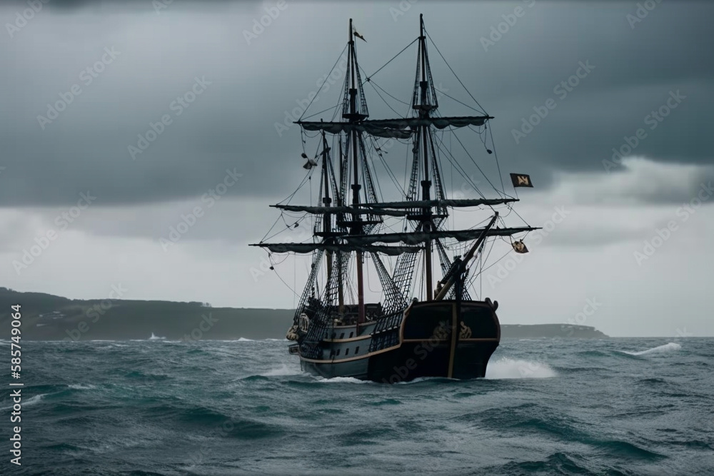 The Black Pirate Ship sailing on a stormy sea, representing adventure, danger and excitement on the high seas. Ai generated The Black Pirate Ship sailing on a stormy sea, representing adventure, danger and excitement on the high seas. Ai generated