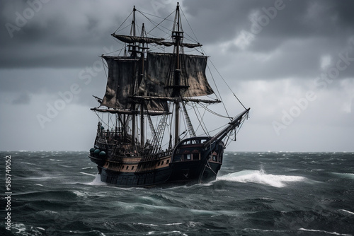 The Black Pirate Ship sailing on a stormy sea, representing adventure, danger and excitement on the high seas. Ai generated