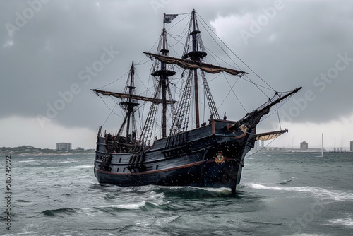 The Black Pirate Ship sailing on a stormy sea  representing adventure  danger and excitement on the high seas. Ai generated