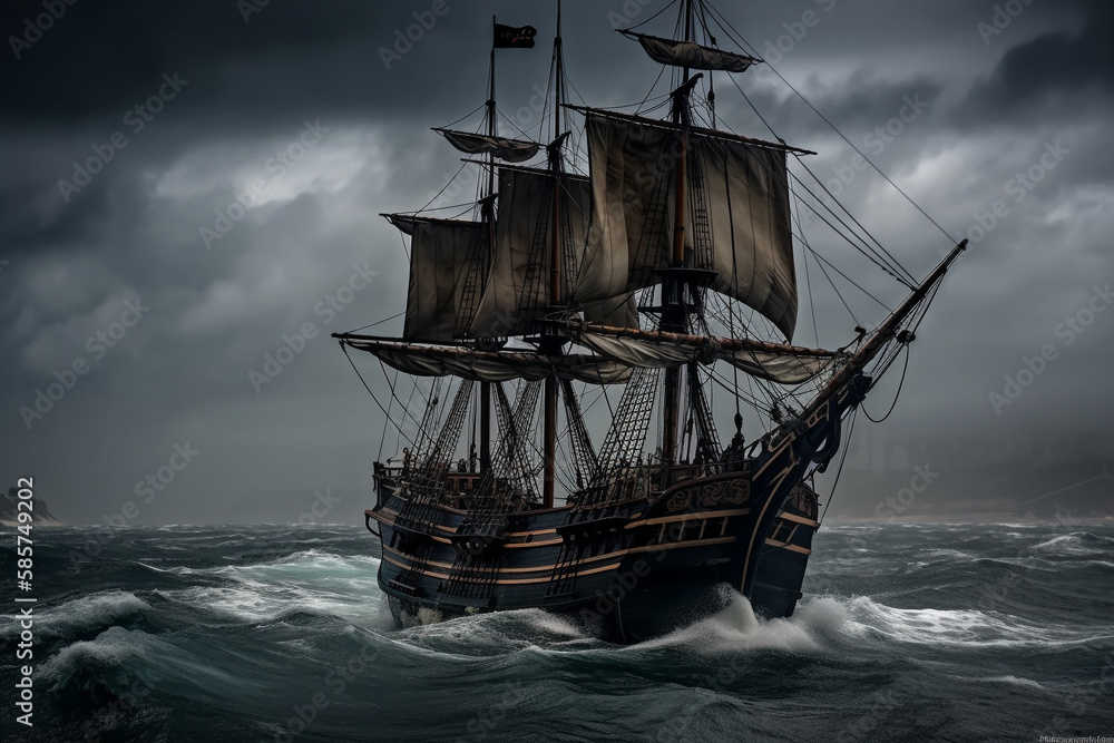 The Black Pirate Ship sailing on a stormy sea, representing adventure, danger and excitement on the high seas. Ai generated The Black Pirate Ship sailing on a stormy sea, representing adventure, danger and excitement on the high seas. Ai generated