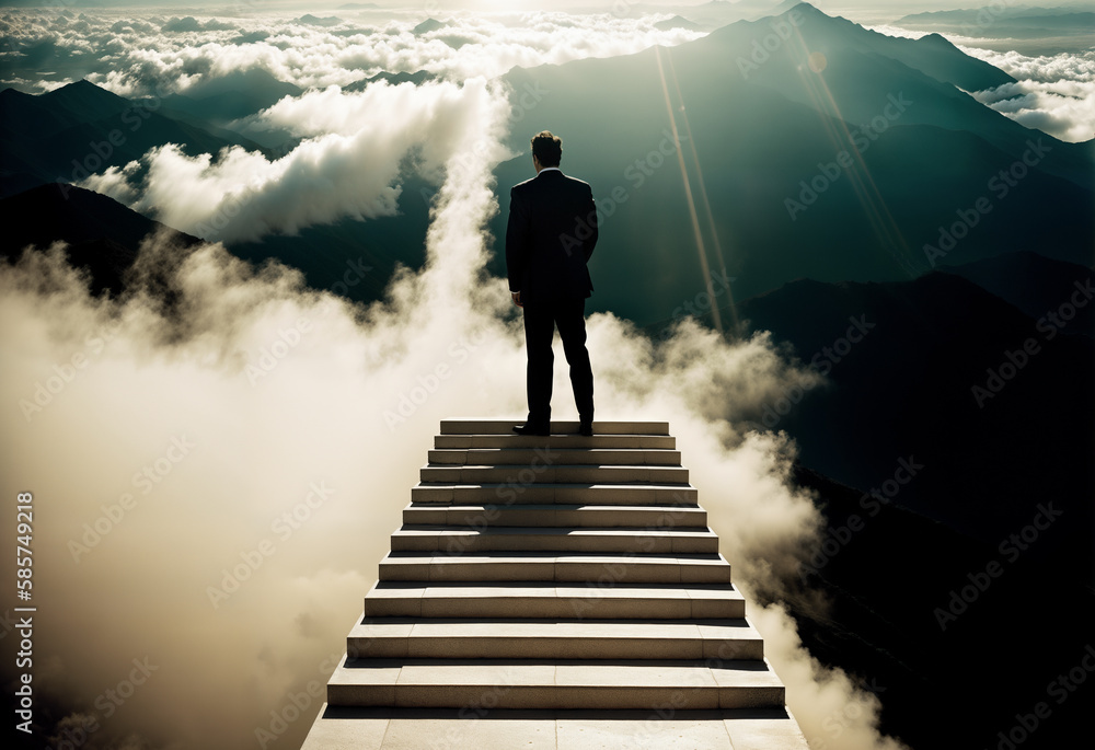Businessman standing on top end of stair. Beautiful view at mountains with clouds. Business and career growth concept. Generative AI