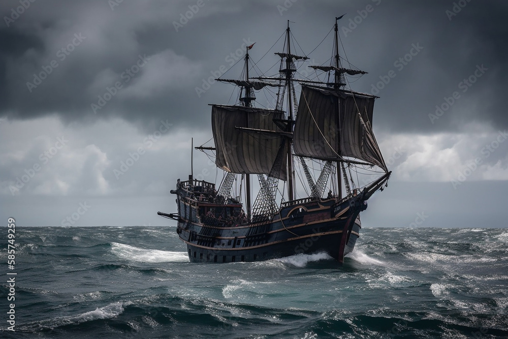 The Black Pirate Ship sailing on a stormy sea, representing adventure, danger and excitement on the high seas. Ai generated