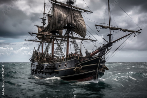 The Black Pirate Ship sailing on a stormy sea, representing adventure, danger and excitement on the high seas. Ai generated