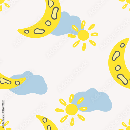Seamless childish pattern with sun, moon, clouds and star