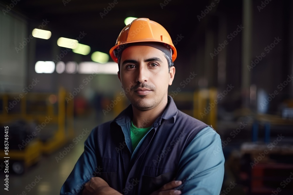 Hispanic factory worker with safety gear and space for text. Generative AI Hispanic factory worker with safety gear and space for text. Generative AI