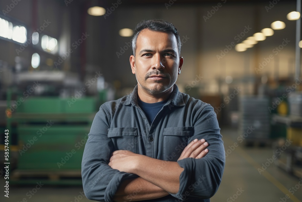 Hispanic factory worker with safety gear and space for text. Generative AI Hispanic factory worker with safety gear and space for text. Generative AI