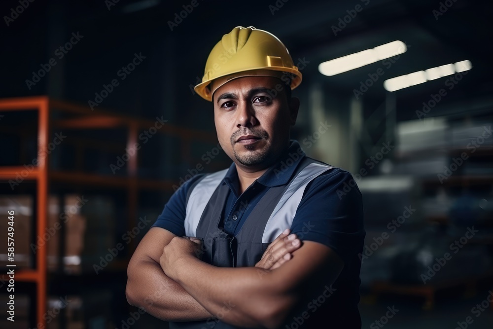 Hispanic factory worker with safety gear and space for text. Generative AI Hispanic factory worker with safety gear and space for text. Generative AI